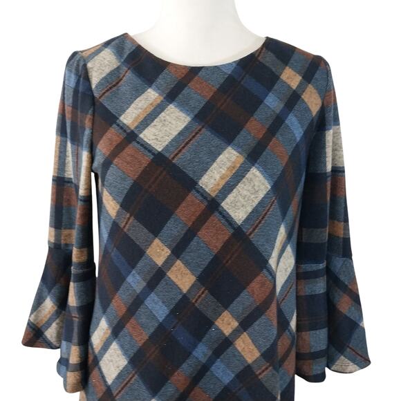 JH! BOLD PLAID NAVY, RUST, WHITE BELL SLEEVE SHIFT STYLE DRESS, SO PRETTY! SZ 8 - Picture 3 of 10
